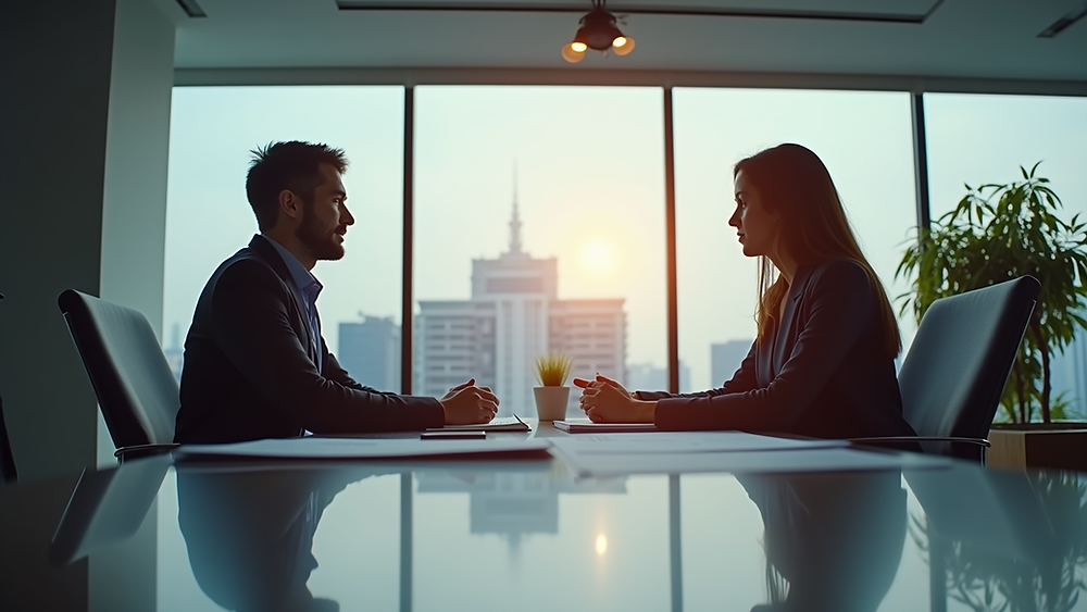 Eye-level view of a financial advisor discussing plans with a client in an office