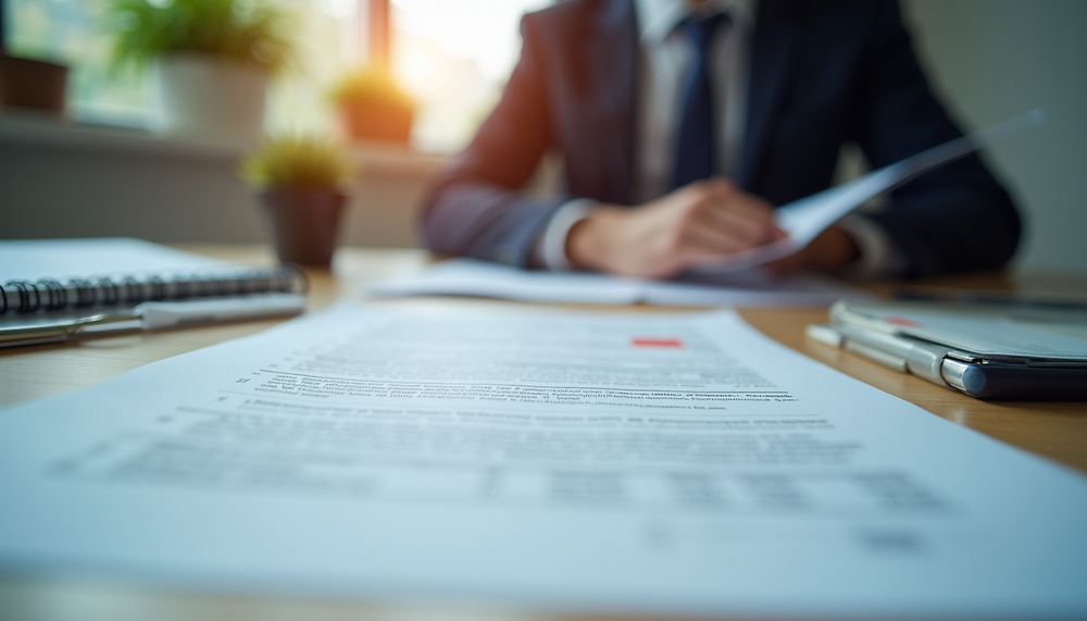 Eye-level view of a professional reviewing tax documents at a desk