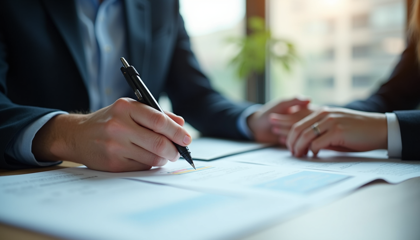 Eye-level view of a tax professional reviewing documents with a client