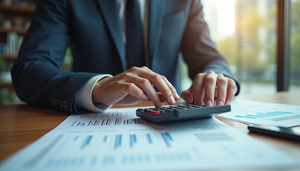 Eye-level view of a small business owner reviewing financial documents with a calculator