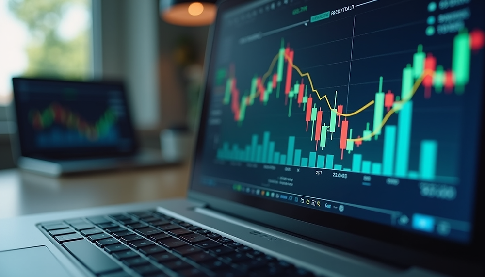 Close-up view of a laptop screen showing financial software with charts and graphs
