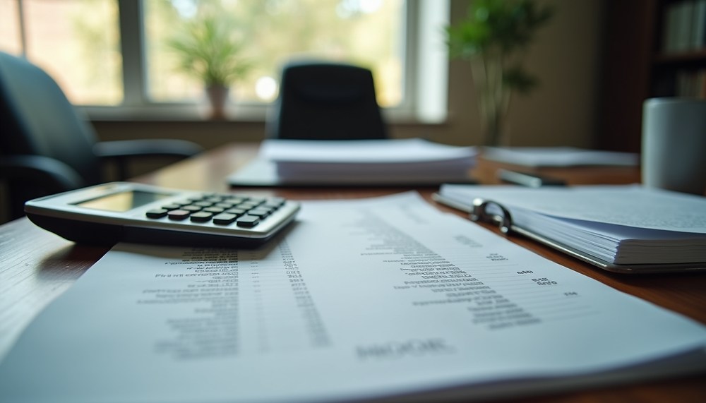 Eye-level view of a neat desk with financial documents and a calculator in Greenville office